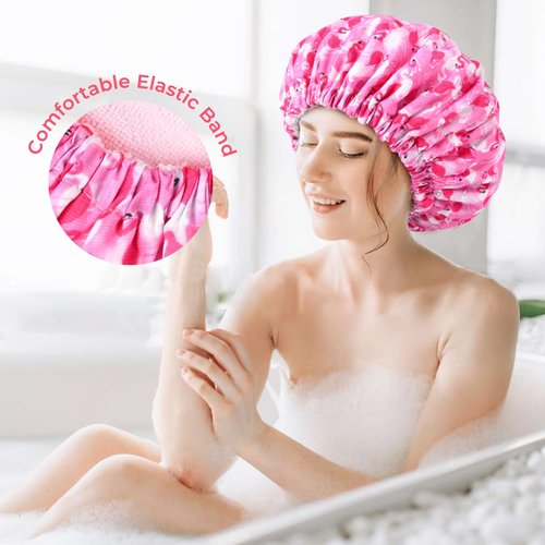 Shower Cap for Women Terry Lined Bath Cap Large Reusable Waterproof Elastic Band Pink Flamingo Shower Caps for Long Thick Hair Soft Bath Shower Hair Caps
