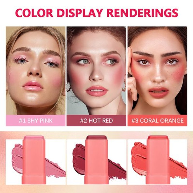 Multi-Purpose Makeup Blush Stick, 3-in-1 Beauty Tinted Solid Blush Stick For Cheeks, Lips And Eyes With Long-Lasting Moisturizing Formula, Waterproof Natural Cream Blush Stick (1#Shy Pink)