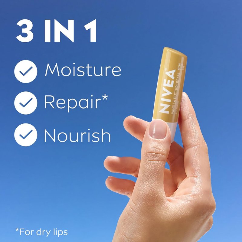 NIVEA Vanilla Buttercream Lip Balm - Moisturizing Shea Butter & Nourishing Oils | 0.17 Oz Stick, Pack of 4