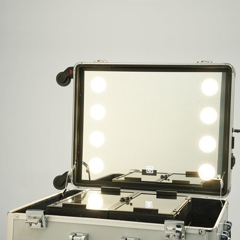 Rolling Makeup Train Case with Lighted Mirror 21" Professional Makeup Storage Organizer Box Make up Carrier Large Artist Trolley Studio Free Standing Case Portable Aluminum Trolley Salon Station