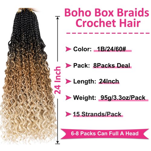 Unionbeauty 8 Packs Boho Box Braids Crochet Hair 24 Inch Goddess Box Braids Crochet Hair with Curly Ends Bohemian Hippie Box Braids Synthetic Braiding Hair Extension for Black Woman Crochet Box Braids