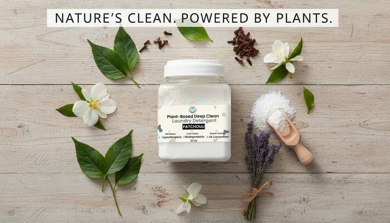 Plant-Based Deep Clean Laundry Detergent (Powder) – Hypoallergenic for Sensitive Skin, Biodegradable | Removes Tough Stains & Odors | Eco-Friendly, HE Compatible | 32 Oz (Patchouli + Sandalwood)