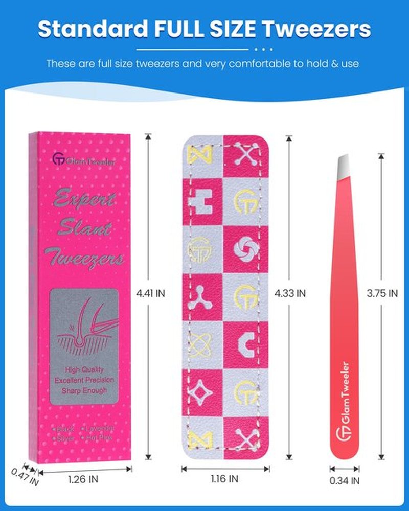 Expert Eyebrow Hair Removal Tweezer with Leather Case, GlamTweeler High Precision Slant Tip Stainless Steel Tweezers for Men and Women (Hot Pink)