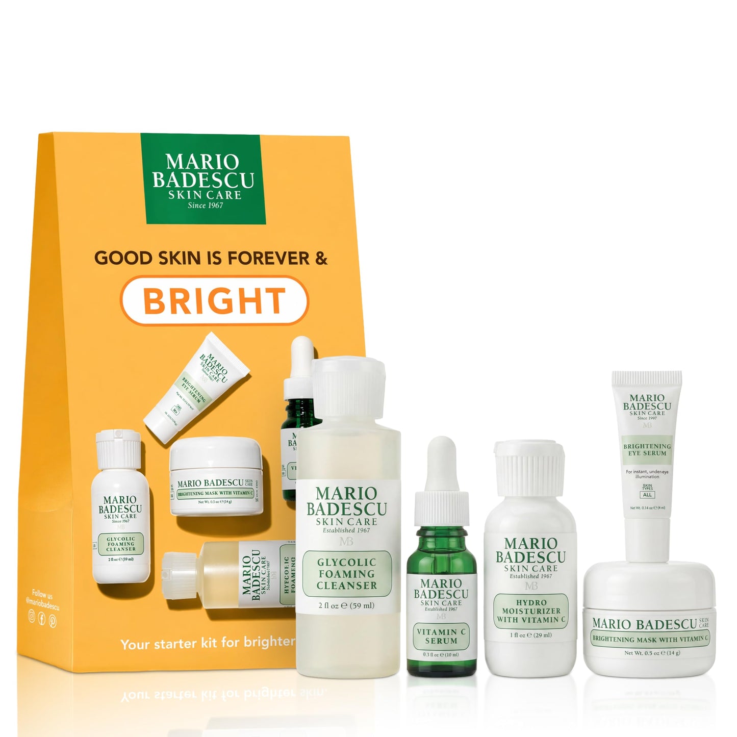 Mario Badescu Good Skin Is Forever & Bright 5-Piece Skincare Set – Glycolic Cleanser, Vitamin C Serum, Hydro Moisturizer, Brightening Mask & Eye Serum for Radiance