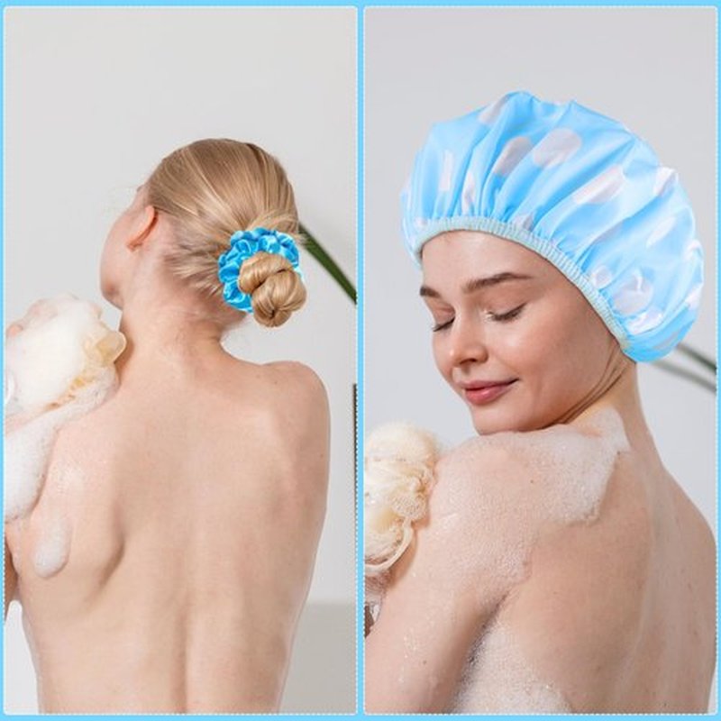 2 Sets Large Shower Caps for Women, Waterproof Shower Cap Double Layers Bath Caps Stocking Stuffers for Women Long Thick Hair (Blue/Yellow)