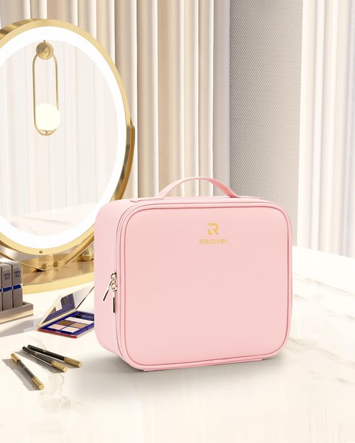 Relavel Travel Makeup Train Case Makeup Cosmetic Case Organizer Portable Artist Storage Bag with Adjustable Dividers for Cosmetics Makeup Brushes Toiletry Jewelry Digital Accessories (Pink)
