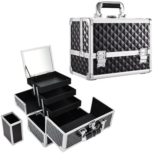 Joligrace Makeup Box with Mirror 3-Tray 11.6-Inch Makeup Train Case with Brush Holder Lockable Portable Storage Organizer Large Black