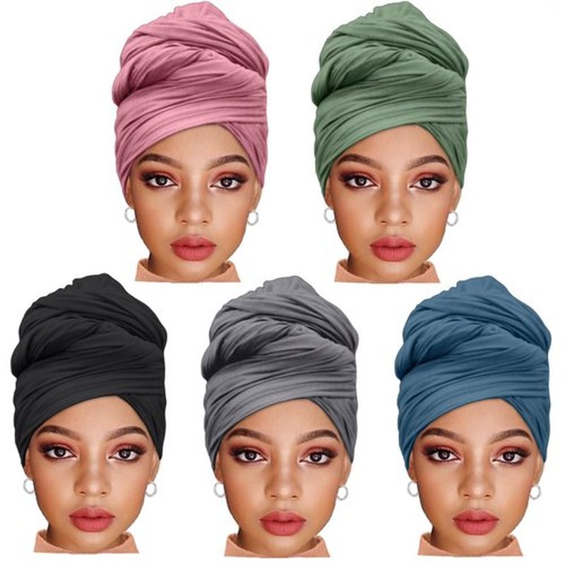ZRQ 5 Pieces Stretch Jersey Turbans Headwrap Scarf for Black Women Fashion Headwear Boho Extra Long Scarf Soft Breathable Easy Knot Hijab Tie (Black,Pink,Olive Green,Deep Ha Tsing,Dark Grey)