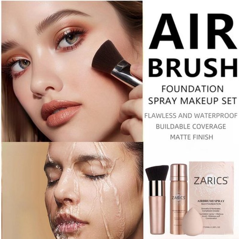 Silk Airbrush Foundation Spray with Buffing Brush, Buildable Coverage, Long Lasting Waterproof, Medium, Airbrush Makeup Foundation for Smooth Radiant Skin, Concealer (Medium, 2.28 Fl Oz)