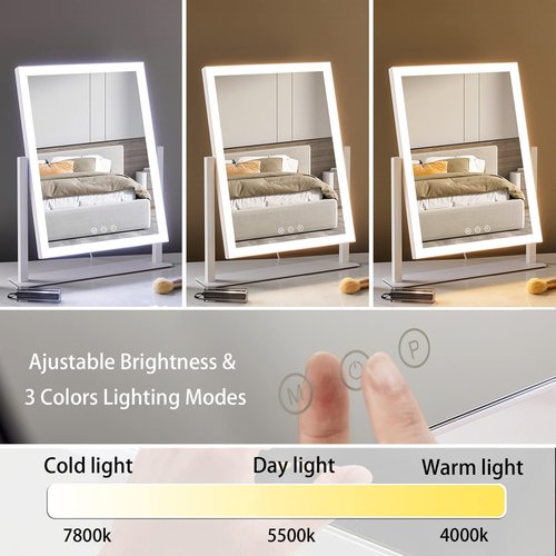 HIEEY Lighted Makeup Mirror, Hollywood Vanity Mirror with Lights, Three Color Lighting Modes, and 5X Magnification Mirror, Smart Touch Control, 360°Rotation (15.2in. White)