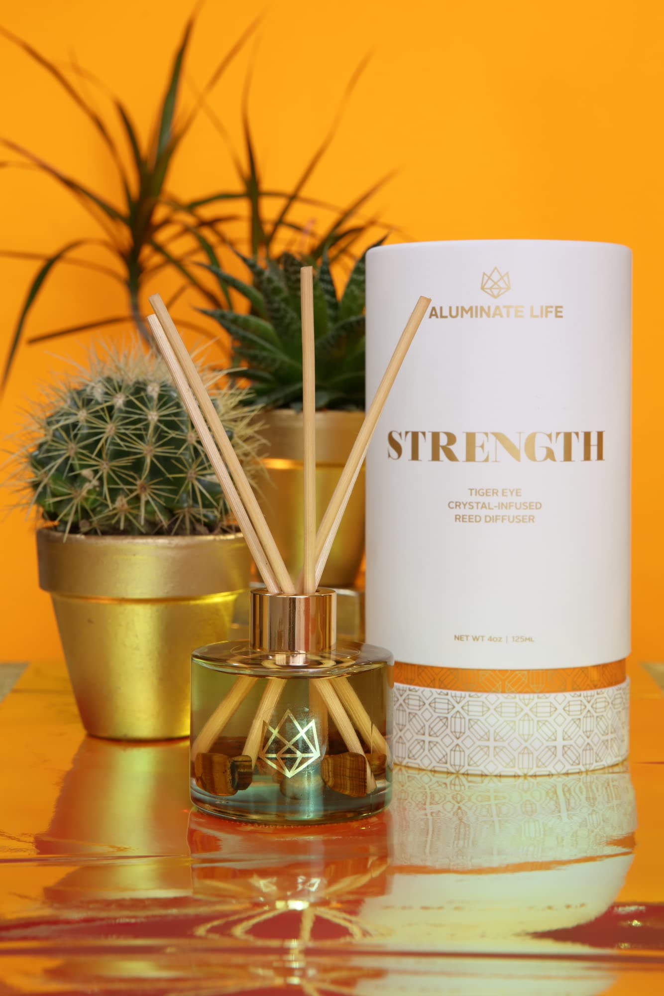 ALUMINATE LIFE Crystal Infused Reed Diffuser, 4 OZ, Strength - Tiger Eye Crystal Infused - Scents of Cedarwood, Amber, & Sage - Home Decor, House Warming, Room, Stick Perfume, Shelf or Coffee Table