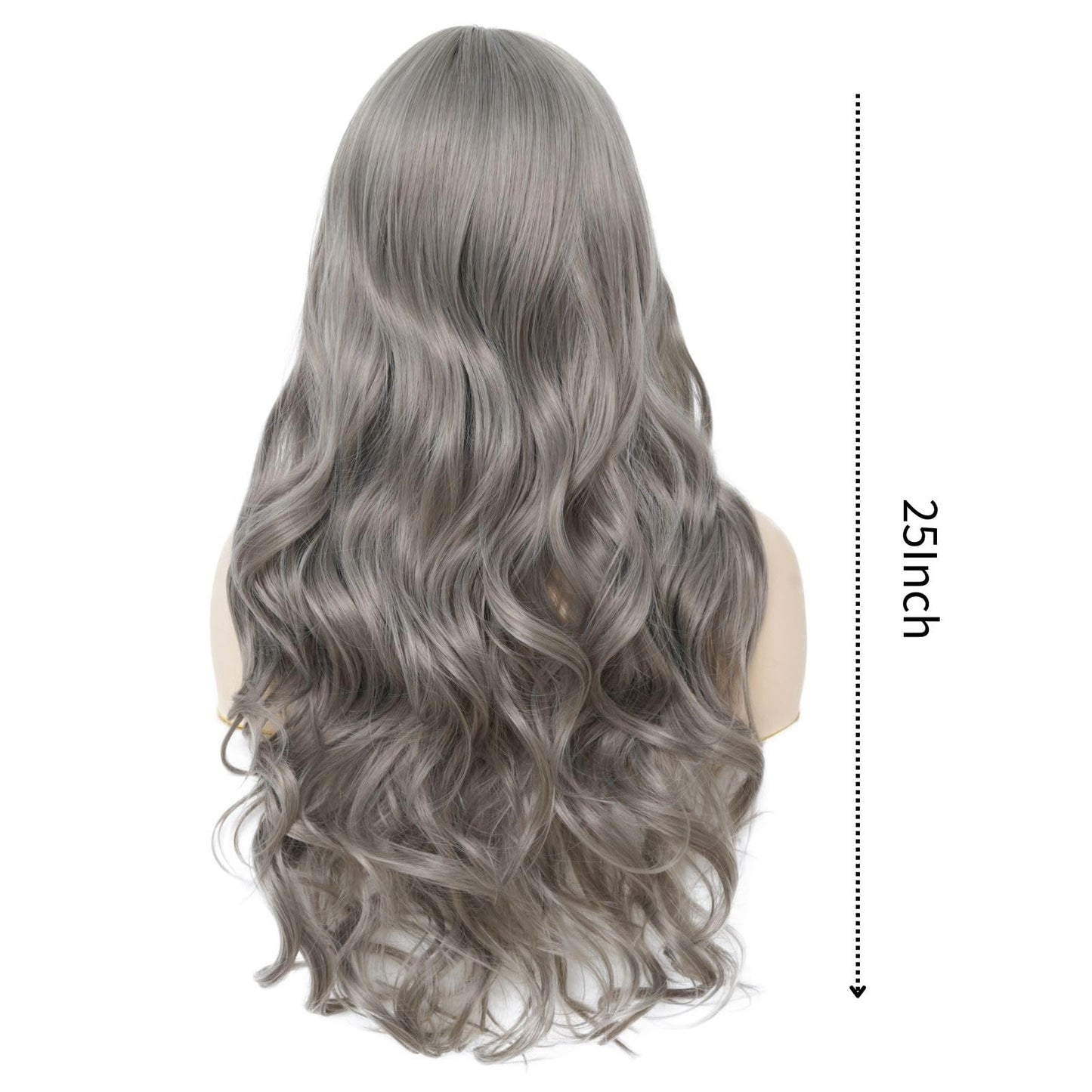 Salaibs Grey Long Curly Wavy Wigs for Women with Bangs Natural Wave Dark Gray Hair Wig Synthetic Heat Resistant Halloween Daily Wig