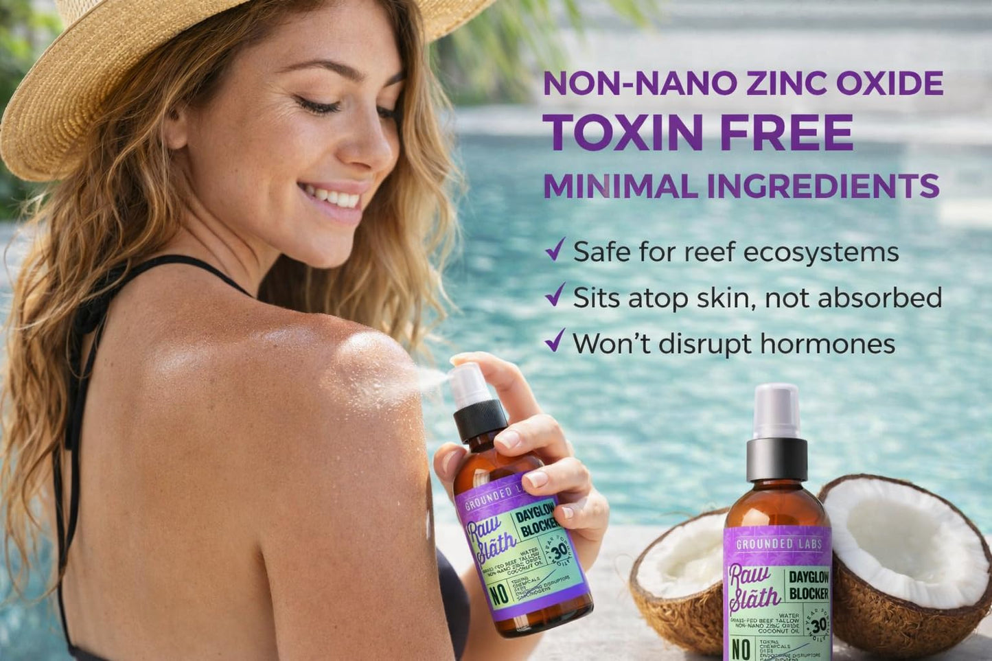GROUNDED LABS Beef Tallow and Zinc Oxide Chemical-Free Sunscreen with 100% Grass-Fed Beef Tallow, Reef-Safe Non-Nano Zinc Oxide & Coconut Oil Mineral Sunblock SPF 30