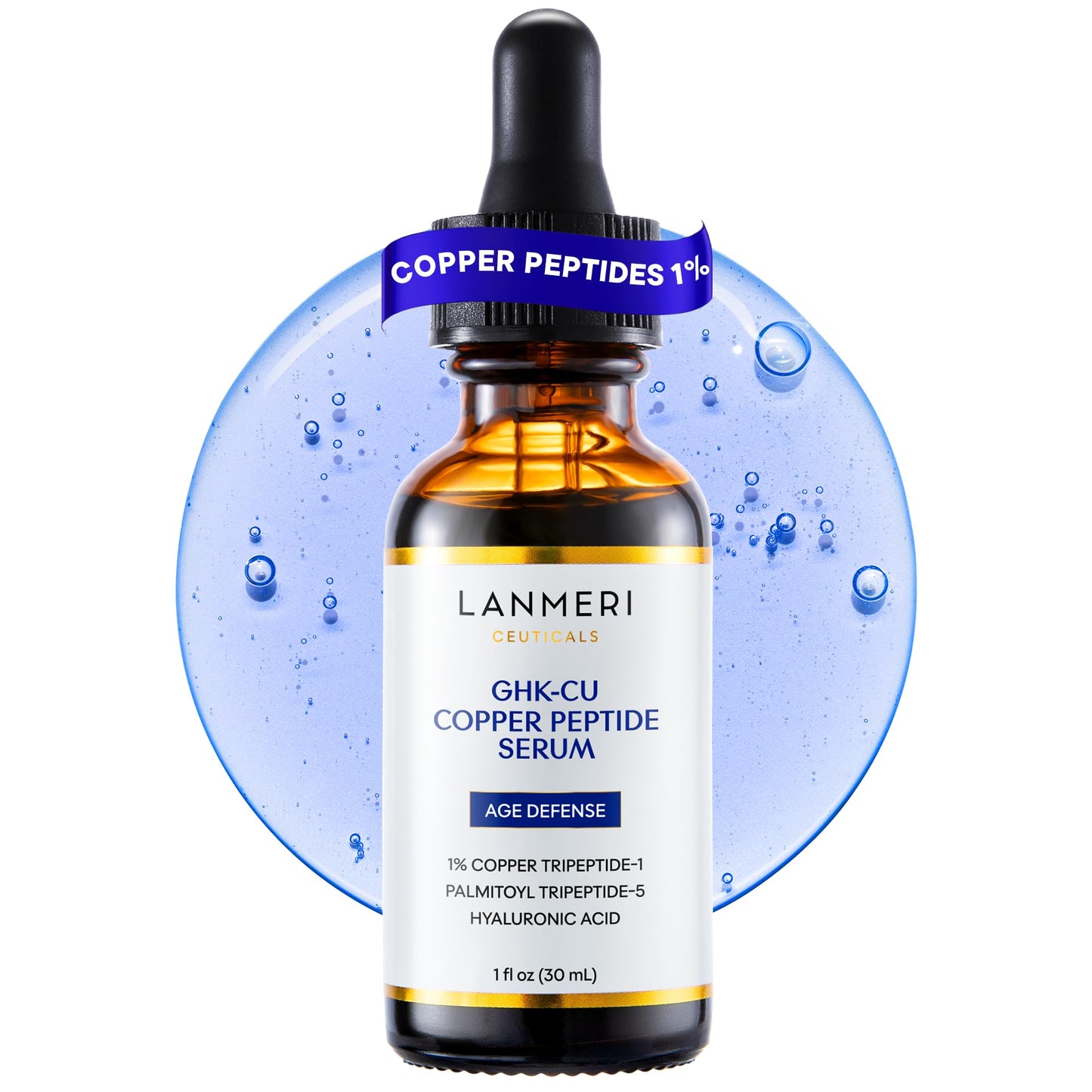Lanmeri Copper Peptide Serum for Face:1% Copper Peptide (GHK-Cu) Anti-Aging Serum to Smooth Fine Lines, Improve Elasticity - Soothe & Repair Skin Barrier with Centella Asiatica - 30ml