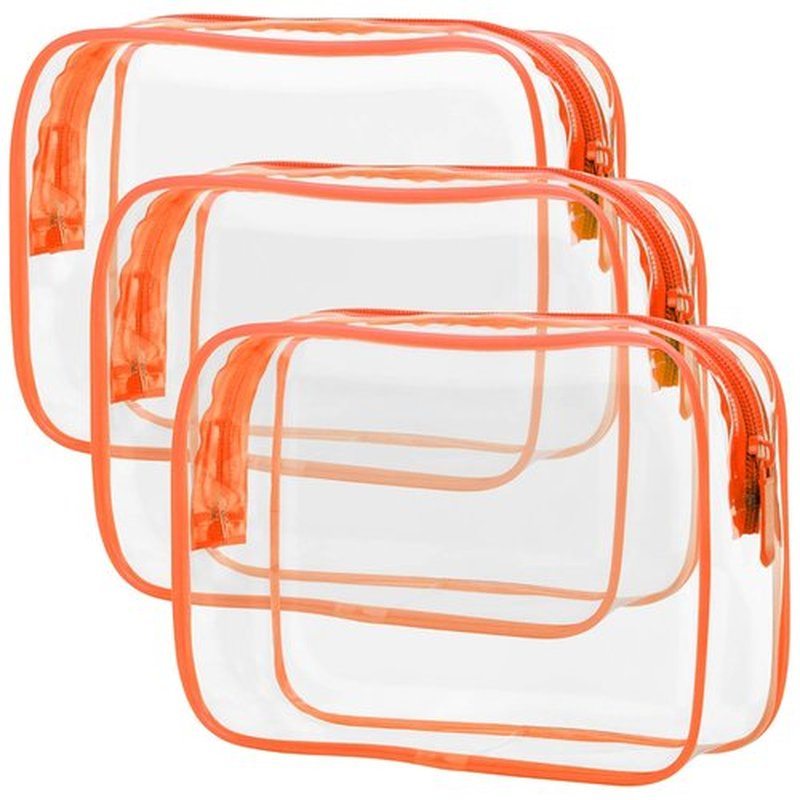 PACKISM Clear Makeup Bag with Zipper, 3 Pack Beauty Clear Cosmetic Bag TSA Approved Toiletry Bag, Travel Clear Toiletry Bag, Quart Size Bag Carry on Airport Airline Compliant Bag, Orange