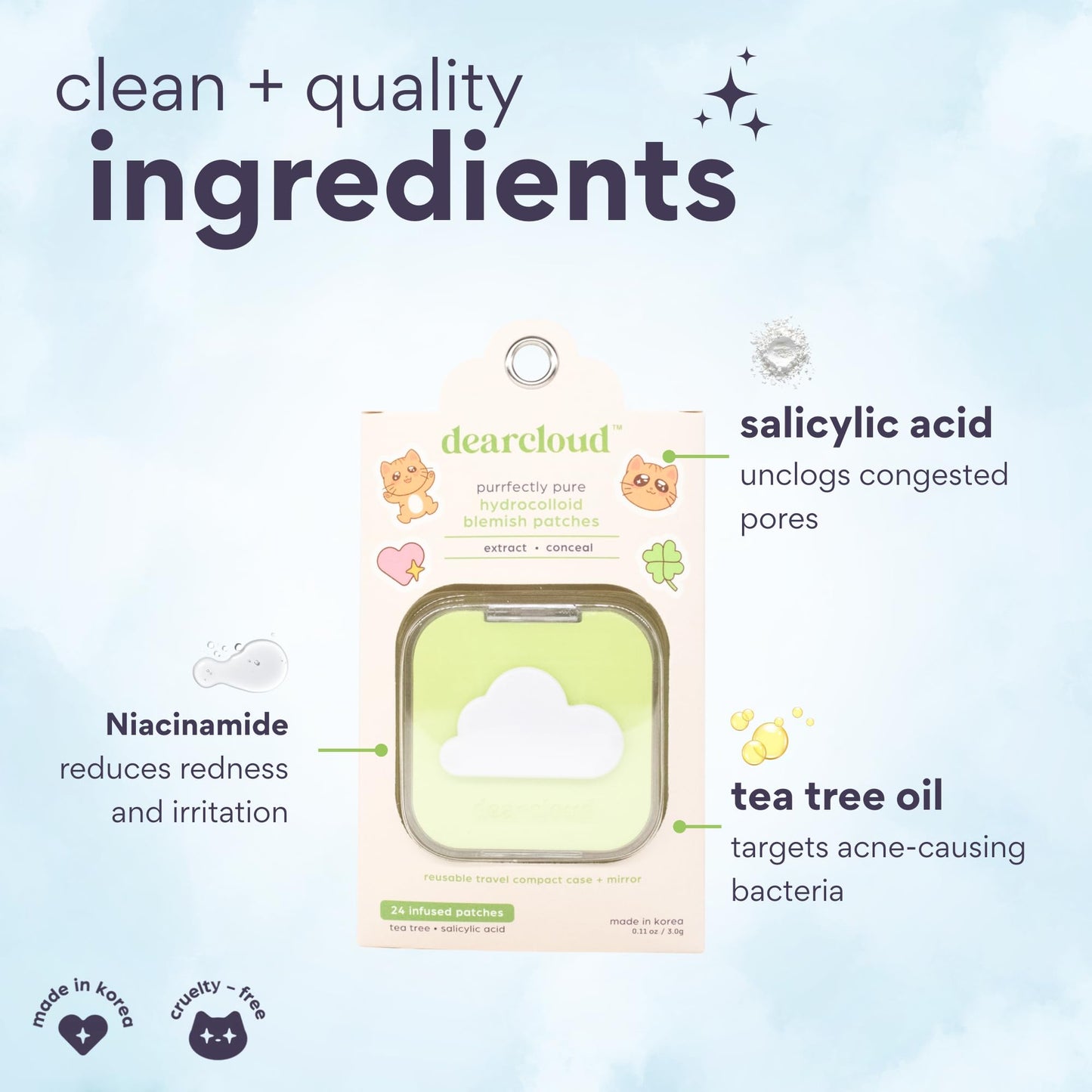 dearcloud Hydrocolloid Patches 24ct + Case – Niacinamide (Purrfectly Pure)