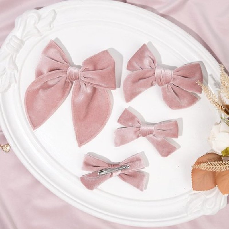 DEEKA 4 PCS Pink Velvet Hair Bows 3 Styles 5" & 4" Handmade Hair Bow set for Toddler Girls Alligator Hair Clips Knot Bows Hair Accessories for Little School Girls (Pink)
