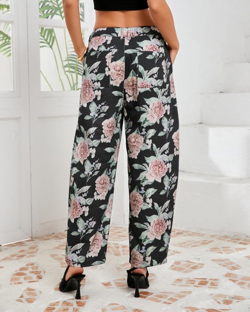 Floral Embroidered Barrel Jeans for Women - Wide Leg Mid Rise Boyfriend Denim Pants with Pockets | Ankle Length