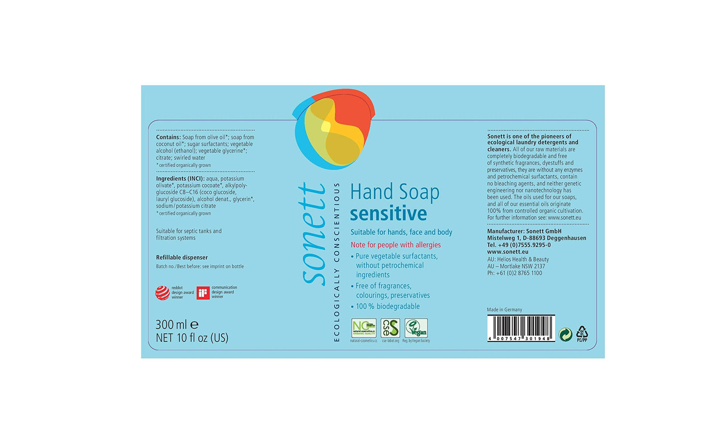 Sonett Organic Hand Soap for Sensitive skin (Sensitive, 6 Count)