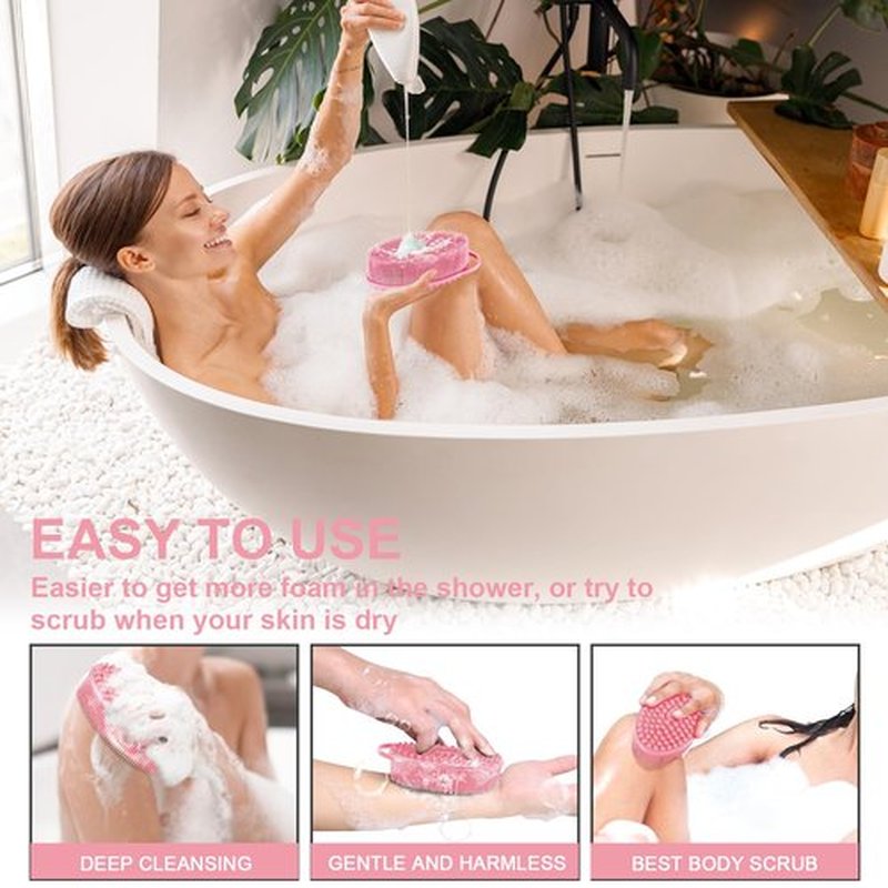 Metene Silicone Exfoliating Body Scrubber with Loop, Body Scrubber for Men and Women, Silicone Loofah for Shower, Soft Silicone Body Scrubber for Shower and Bath Skincare Routine(Pink)