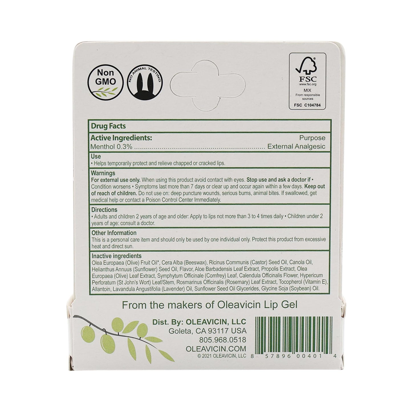 Oleavicin Natural Lip Balm with Organic Olive Leaf Extract - Dry, Chapped Lip Relief & Repair - Patented Moisturizing Formula - Soothing & Hydrating Lip Care for Cracked Lips