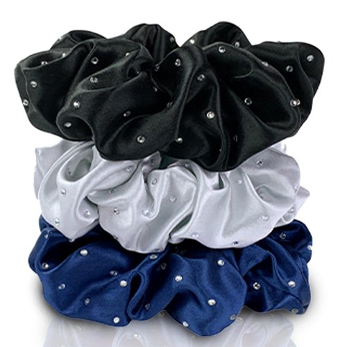 Celestial Silk Mulberry Silk Scrunchies for Hair (Black, Silver, Navy with Rhinestones)