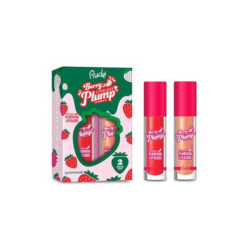 RUDE Cosmetics Berry Plump Vegan Lip Plumper Set, Hydrating Lip Gloss Plump for Women, Moisturizing Plumping Lipgloss with Hyaluronic Acid, Shea Butter, Vitamin E & Chili Extract, Fairy & Strawberry