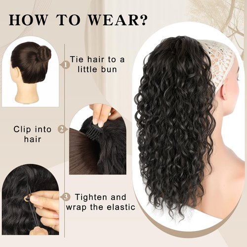 SHNMIN Ponytail Extension, Curly Drawstring Ponytail Extension for Women 18 Inch Curly Wavy Ponytail Yaki Textured Natural Fluffy Synthetic Hairpiece for Daily Use