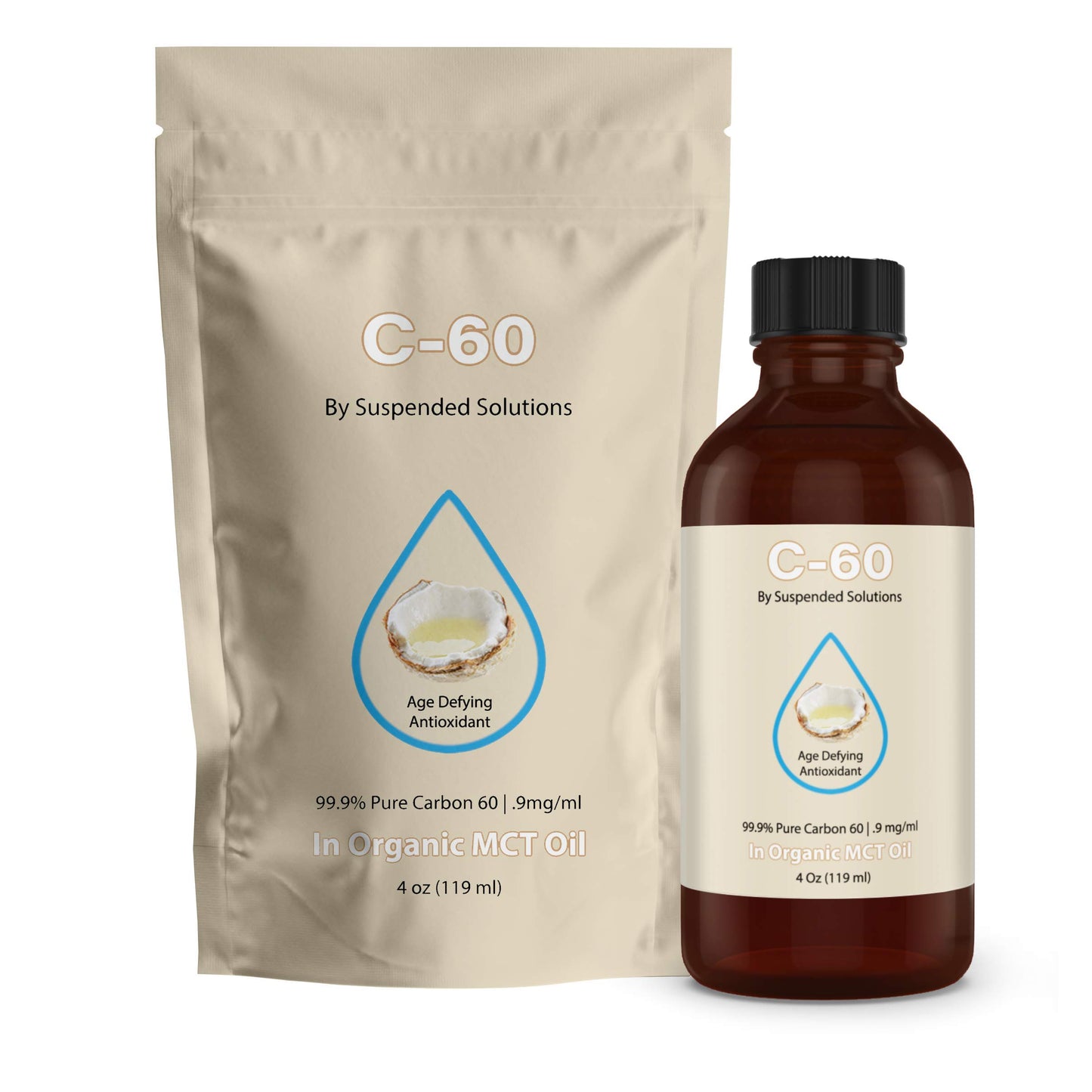 Suspended Solutions Carbon 60 C60 in MCT Oil – 4oz Glass Bottle, 108mg Pure C60, 99.9% Solvent Free, Organic Extra Virgin MCT, Antioxidant Supplement