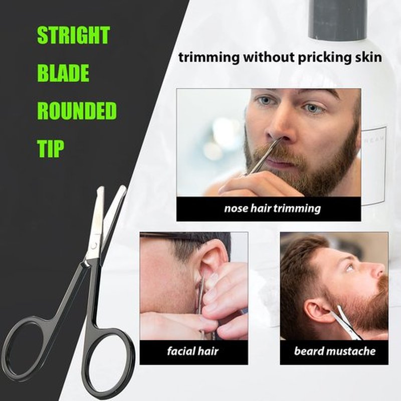Facial Hair Small Grooming Scissors For Men Women - Eyebrow, Nose Hair, Mustache, Beard, Eyelashes, Ear Trimming Kit - Curved and Rounded Safety Tip Clippers For Hair Cutting- 2PCS Black