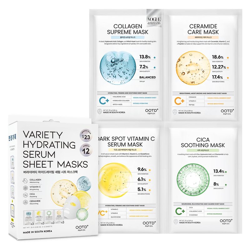 Korean Sheet Masks for Dry Sensitive Skin - Hydrating & Calming Facial Masks with Collagen, Ceramide, Cica, Vitamin C | 12-Count