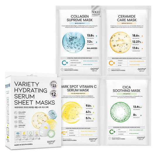 Korean Sheet Masks for Dry Sensitive Skin - Hydrating & Calming Facial Masks with Collagen, Ceramide, Cica, Vitamin C | 12-Count
