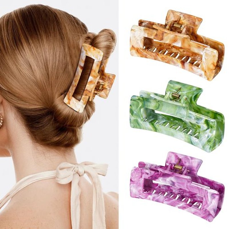 SHINLEA 3PCS Hair Claw Clips for Women, 4.1 Inch Non-slip Hair Clips for Thin Hair, Strong Hold Hair Claw, Reference Ink Painting Design, Hair Accessories for Girls Gifts (Brown & Green & Purple)