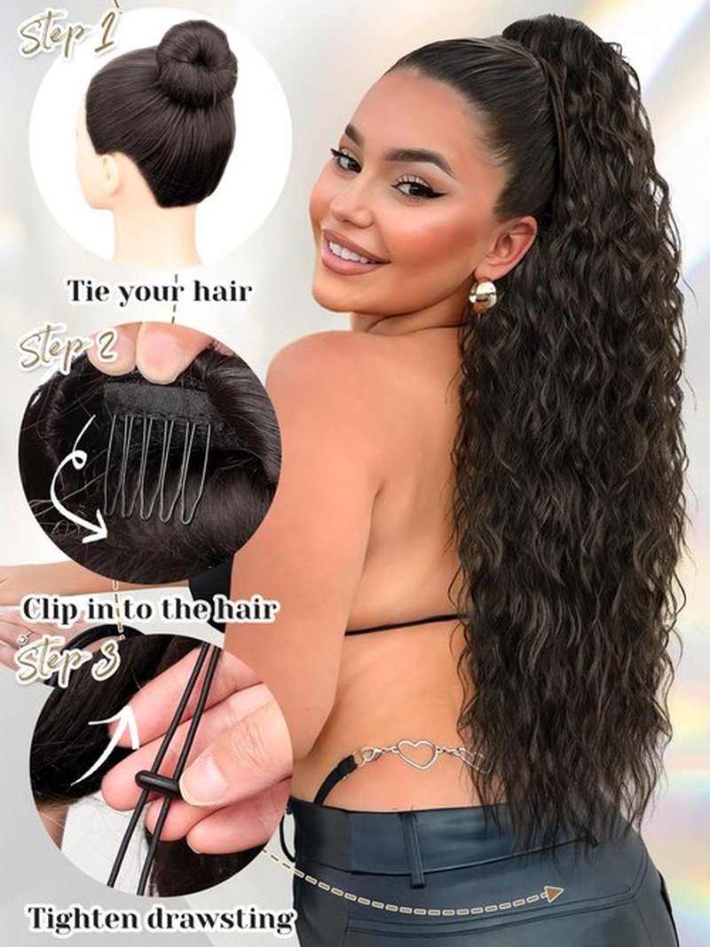 KooKaStyle Ponytail Extensions, 30 Inch Drawstring Clip-on Long Wavy Ponytail Synthetic Curly Hairpieces for Women and Girls (30 Inch, Medium Brown)