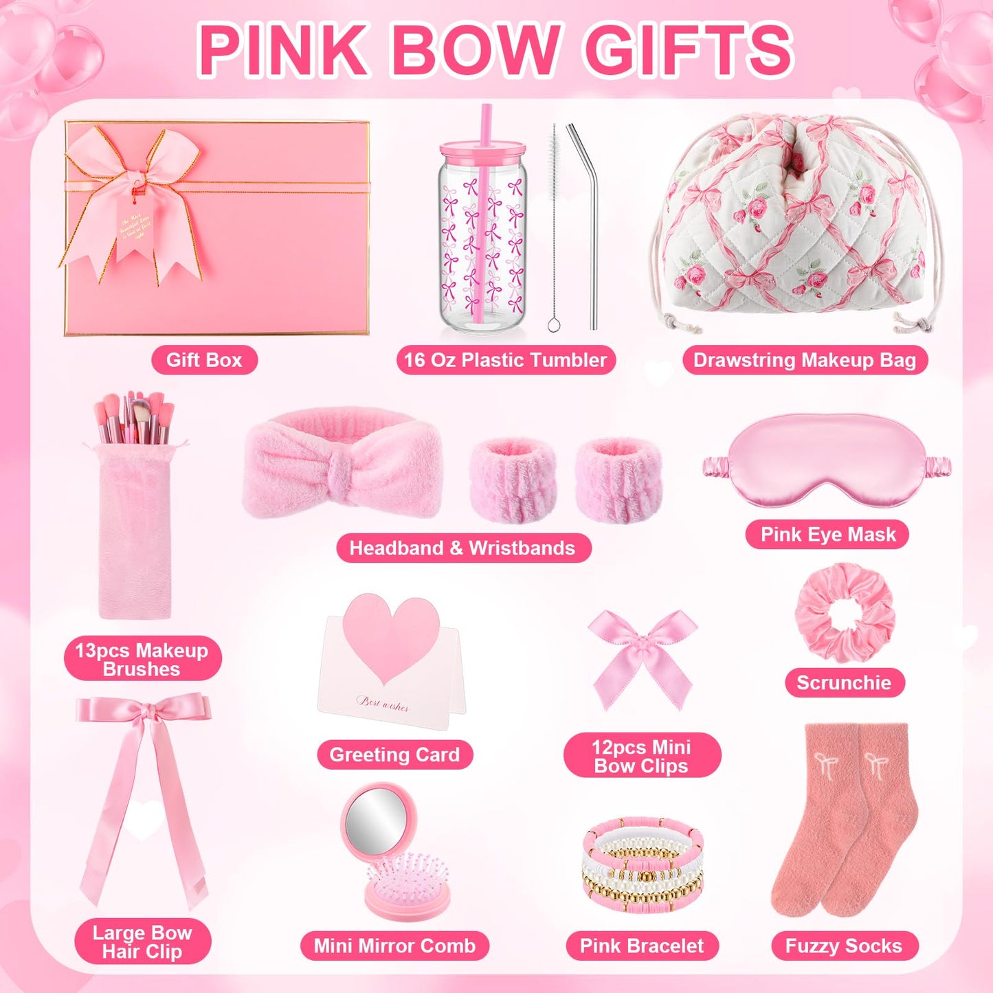 Acellegic 14 Pcs Gift Baskets for Women Teen Girls Trendy Stuff Coquette Bow Birthday Gift for Her, Tween, Teenage, Daughter, Sister, Best Friend 16th 18th 21st Bday Graduation(Pink Bow Floral)