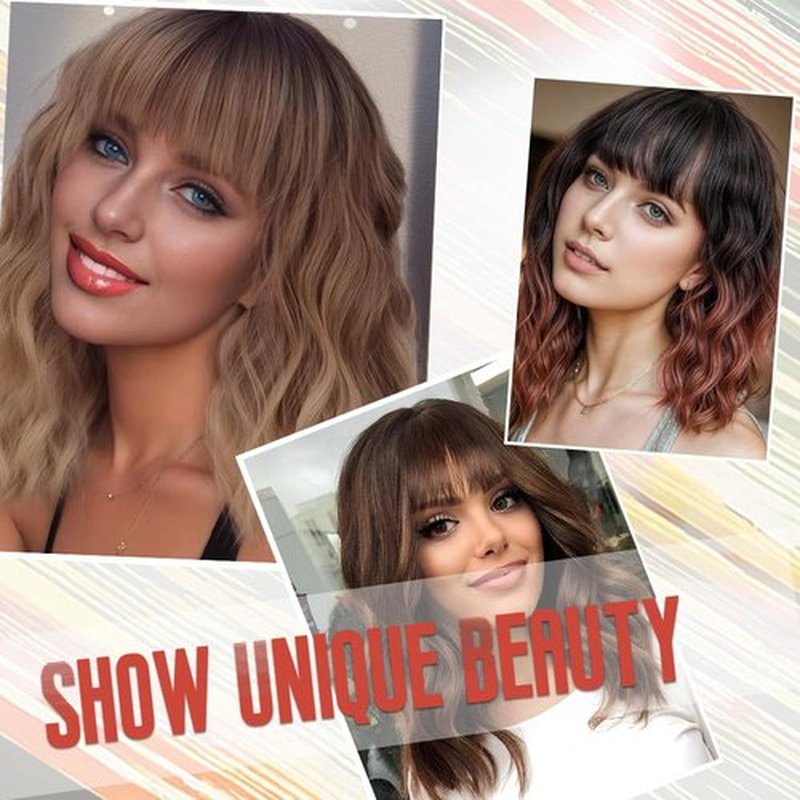 Short Auburn Wigs with Bangs 14Inch Ombre Auburn Curly Bob Wig for Women Shoulder Length Natural Looking Hair Replacement Wig for Daily Party Use Cosplay Costume Halloween Wig