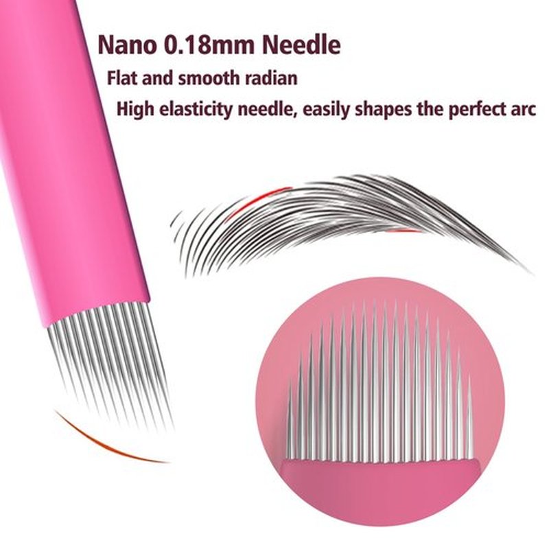 50Pcs Professional Microlading Needles 16 Pins Curved Flat with 0.18mm Diameter Disposable Manual Eyebrow Blades Tattoo Neddles Permanent Makeup Supplies Microblading Kits