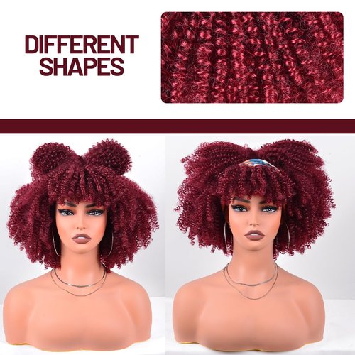 Vitorish Short Kinky Curly Wigs for Black Women 12 Inches about 280g/Piece Curly Afro Wig with Bangs Full Machine Made Wig Bouncy Fluffy Synthetic Cosplay Wig (Burgundy)