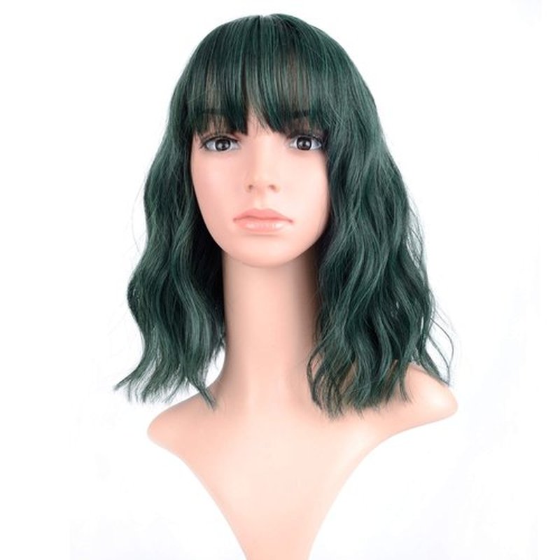 VCKOVCKO Short Bob Wigs Pastel Wavy Wig With Air Bangs Women's Shoulder Length Wigs Curly Wavy Synthetic Cosplay Wig Pastel Bob Wig for Girl Colorful Costume Wigs(12", Mix Green)