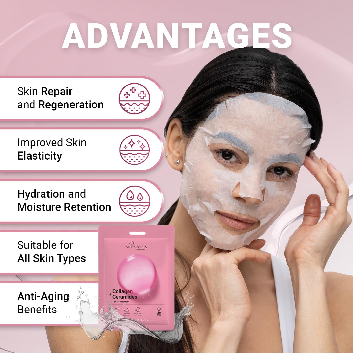 VIABEAUTY 8 Pack of Collagen Face Mask with Ceramides - Rejuvenating Facial Sheet Mask, Reduce Wrinkles & Fine Lines - Face Masks Skincare Moisturizing Collagen Mask for All Skin Types