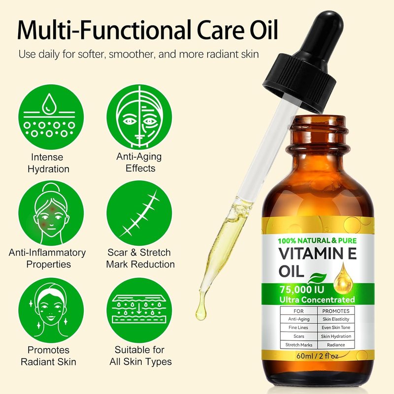 Vitamin E Oil for Scars - All-Natural Vegan Skin Moisturizer | 2.02 FL OZ