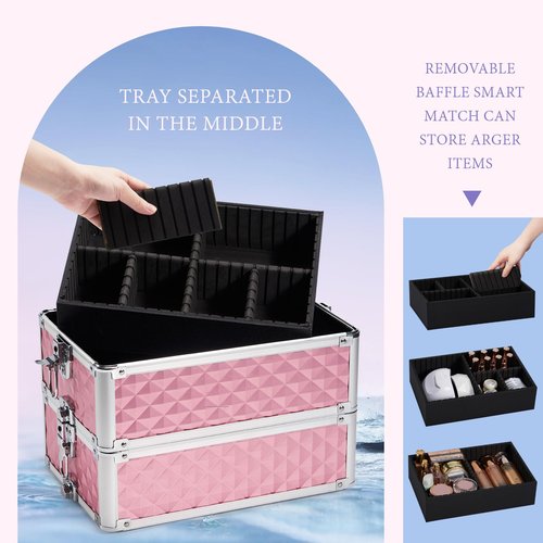 Stagiant Rolling Makeup Train Case Large Storage Cosmetic Trolley 4 in 1 Large Capacity Trolley Makeup Travel Case with Key Swivel Wheels Salon Barber Case Traveling Cart Trunk - Pink
