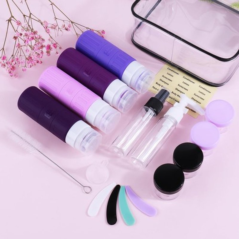 GLAMFIELDS Travel Bottles for Toiletries,TSA Approved 3.3oz Size LeakProof Silicone Toiletry Containers for Shampoo, Conditioner,Easy to Squeeze，Portable Travel Essentials for Lotion(18 Pack) Purple