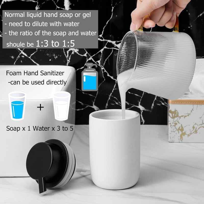 Foaming Soap Dispenser - Thick Ceramic Liquid Pump Bottle Set | 2 Pack White for Bathroom & Kitchen