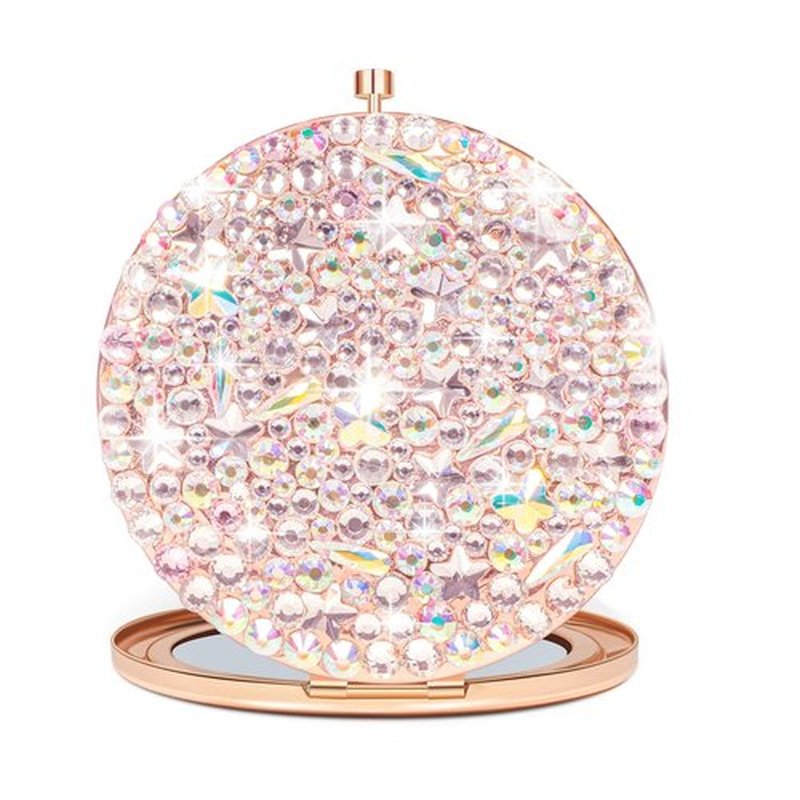 QearFun Small Compact Mirror for Purses, Bling Diamond Rose Gold Mini Pocket Mirror, Luxurious Rhinestone Tiny Magnifying Mirror Gift for Women & Girlfriend Bridesmaids Wedding Favors Travel Makeup