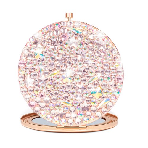 QearFun Small Compact Mirror for Purses, Bling Diamond Rose Gold Mini Pocket Mirror, Luxurious Rhinestone Tiny Magnifying Mirror Gift for Women & Girlfriend Bridesmaids Wedding Favors Travel Makeup