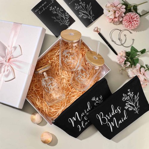 Skybooly 18 Pcs Bridesmaid Proposal Gifts Maid of Honor Gifts Including Brides Maid Glass Cup Makeup Bag Diamond Pen Bracelet Invited Cards for Wedding Party Favors(Black)