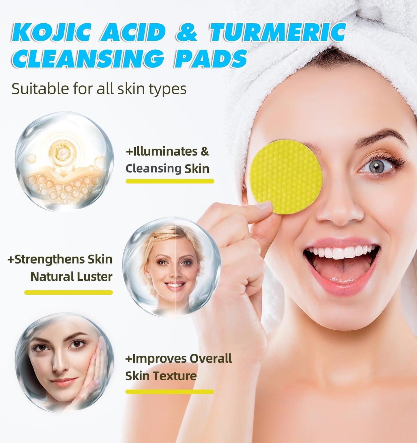 Turmeric Kojic Acid Pads, 60 kojic acid and Turmeric Cleansing Pads, Turmeric Cleansing Pads for Dark Spots, Exfoliating Turmeric Pads Suitable for all Skin Types (1 Count (Pack of 1))