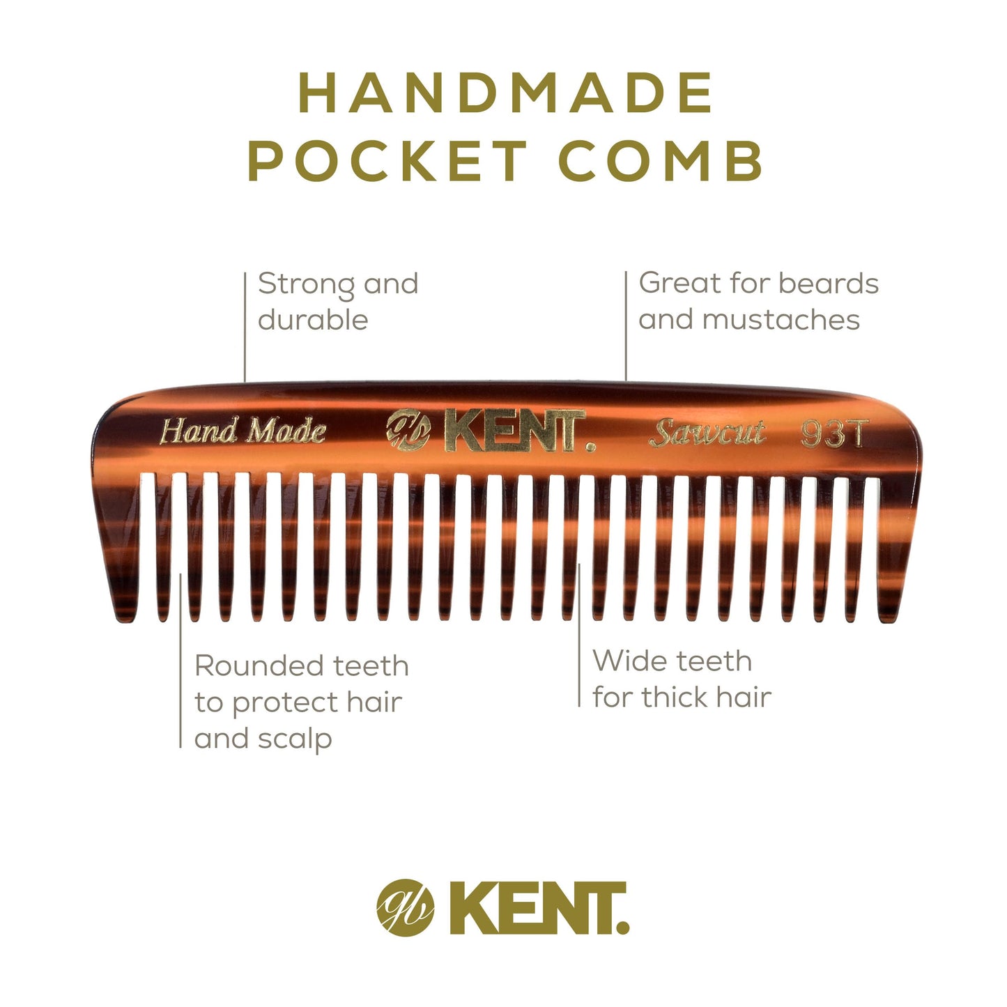 Kent 93T Mini Beard Comb - Wide Tooth Men's Travel Comb for Facial Hair Detangling