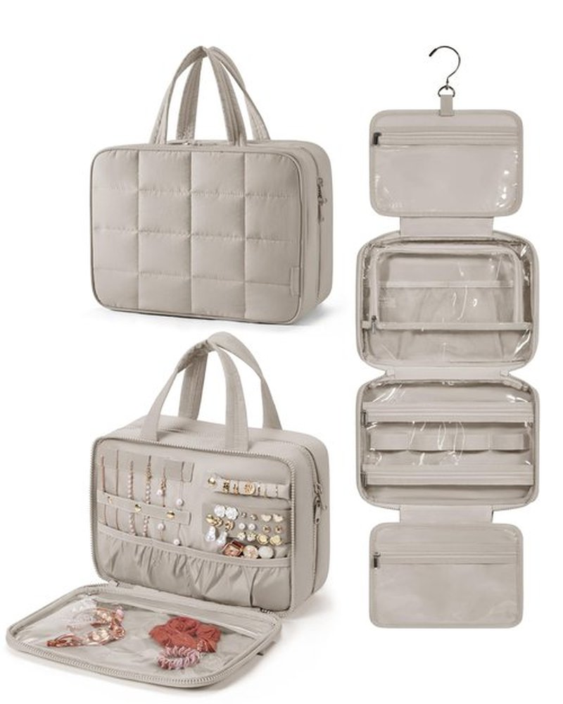 BAGSMART Travel Toiletry Bag with Jewelry Organizer, Hanging Travel Bag for Toiletries, Puffy Makeup Cosmetic Bag Organizer, Carry-on Travel Accessories Essentials, Camel-L